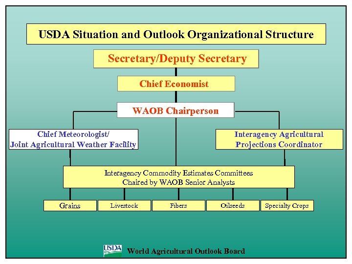 USDA Situation and Outlook Organizational Structure Secretary/Deputy Secretary Chief Economist WAOB Chairperson Chief Meteorologist/