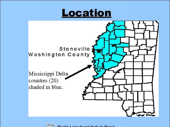 Location Mississippi Delta counties (20) shaded in blue. 