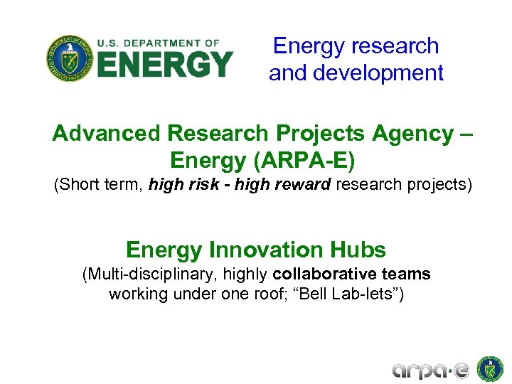 Energy research and development Advanced Research Projects Agency – Energy (ARPA-E) (Short term, high