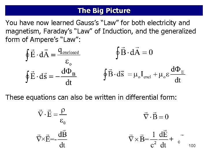 The Big Picture You have now learned Gauss’s “Law” for both electricity and magnetism,