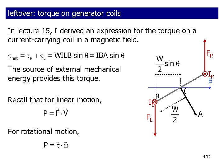 leftover: torque on generator coils In lecture 15, I derived an expression for the