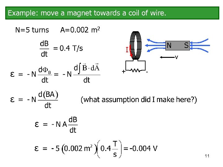 Example: move a magnet towards a coil of wire. N=5 turns A=0. 002 m