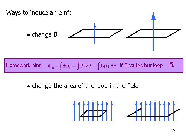 Ways to induce an emf: change B Homework hint: if B varies but loop