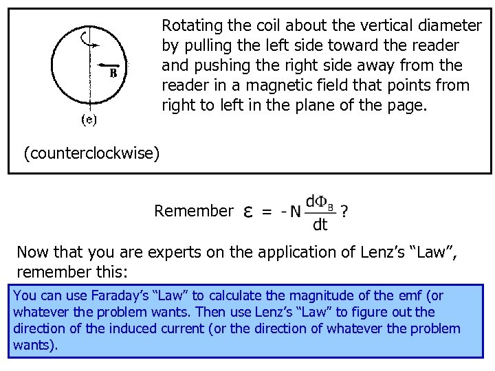 Rotating the coil about the vertical diameter by pulling the left side toward the