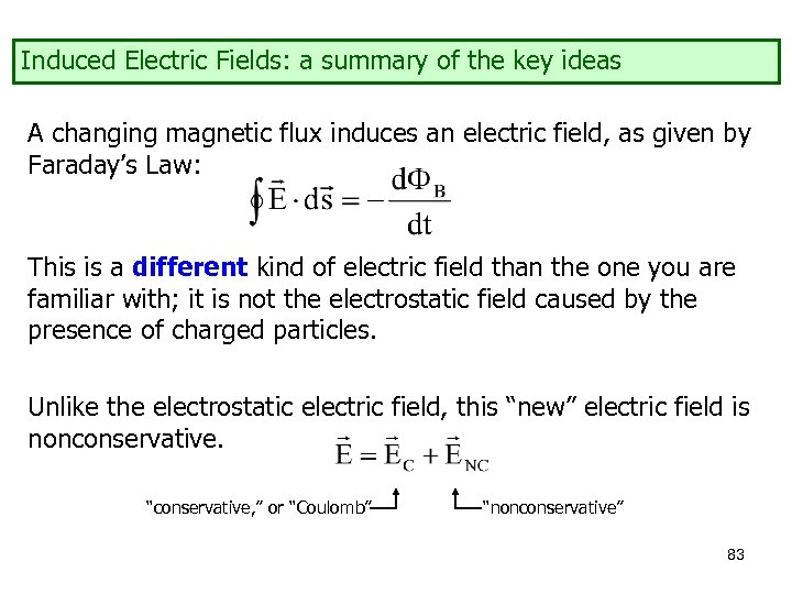 Induced Electric Fields: a summary of the key ideas A changing magnetic flux induces