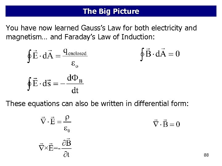 The Big Picture You have now learned Gauss’s Law for both electricity and magnetism…