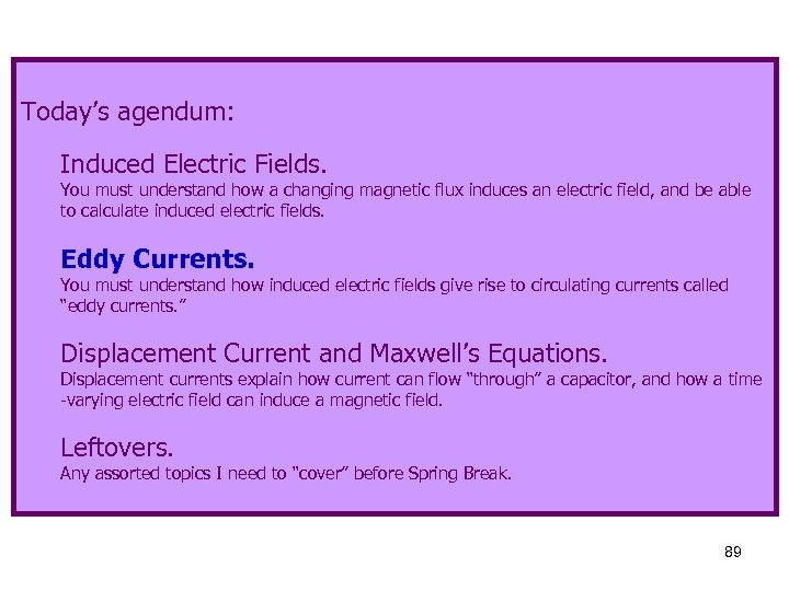 Today’s agendum: Induced Electric Fields. You must understand how a changing magnetic flux induces