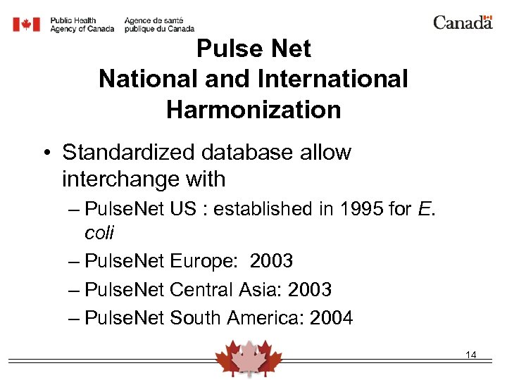 Pulse Net National and International Harmonization • Standardized database allow interchange with – Pulse.