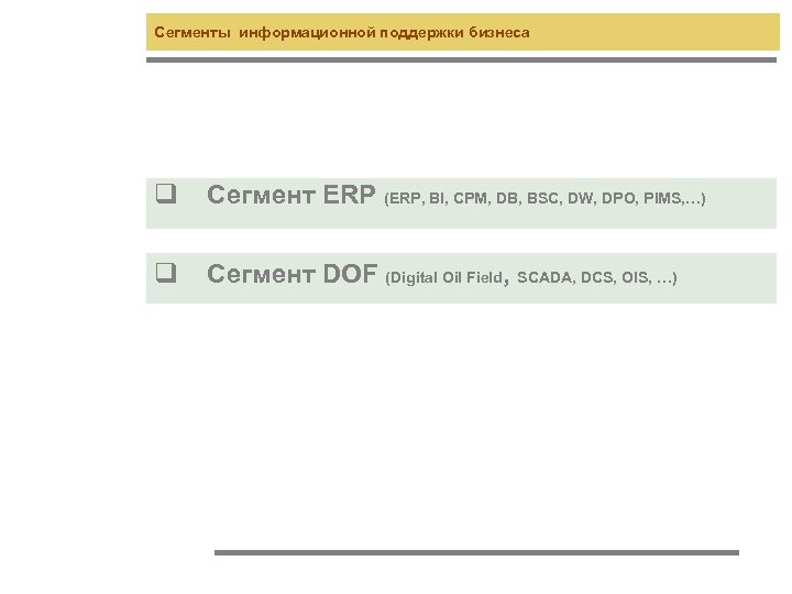 Сегменты информационной поддержки бизнеса q Сегмент ERP (ERP, BI, CPM, DB, BSC, DW, DPO,