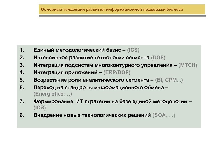 Основные тенденции развития информационной поддержки бизнеса 1. 2. 3. 4. 5. 6. 7. 8.