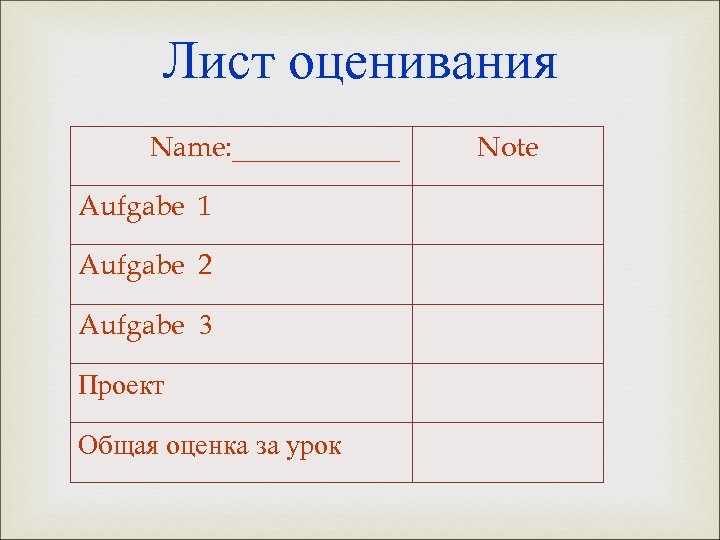 Лист оценивания Name: ______ Aufgabe 1 Aufgabe 2 Aufgabe 3 Проект Общая оценка за