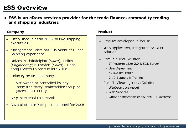 ESS Overview • ESS is an e. Docs services provider for the trade finance,