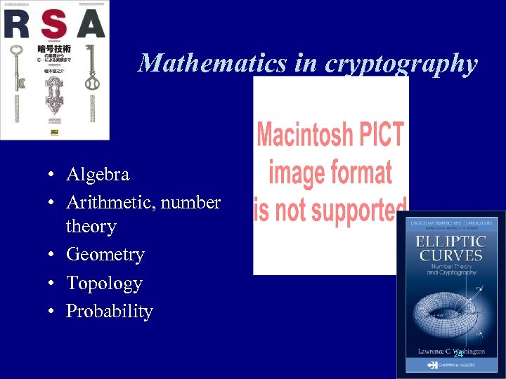 Mathematics in cryptography • Algebra • Arithmetic, number theory • Geometry • Topology •