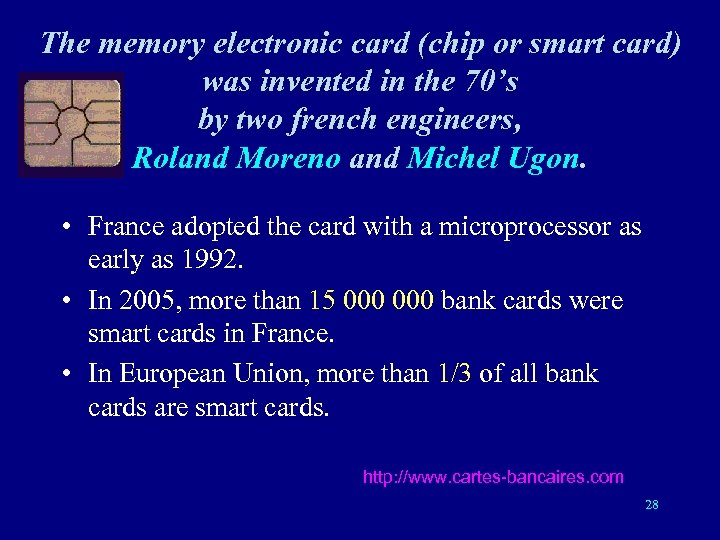 The memory electronic card (chip or smart card) was invented in the 70’s by