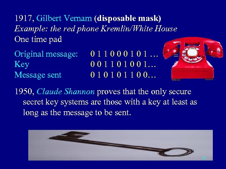 1917, Gilbert Vernam (disposable mask) Example: the red phone Kremlin/White House One time pad