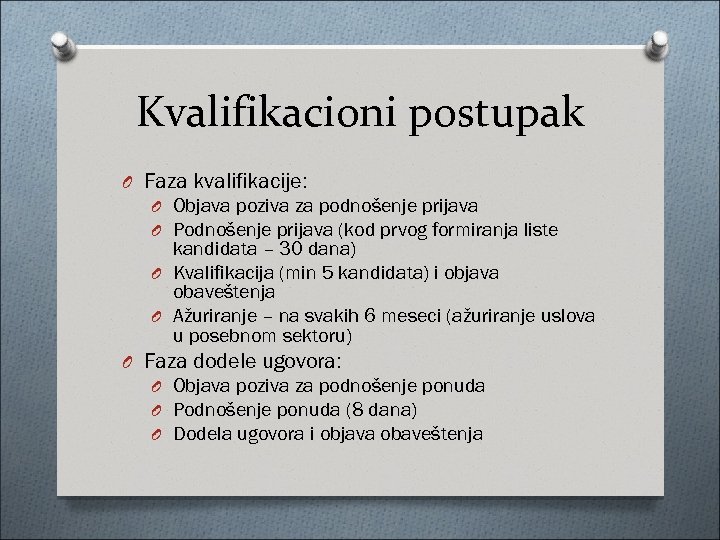 Kvalifikacioni postupak O Faza kvalifikacije: O Objava poziva za podnošenje prijava O Podnošenje prijava