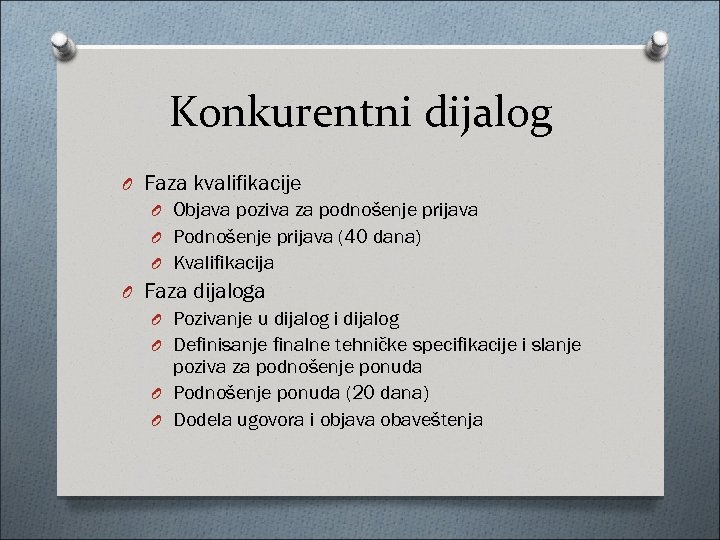 Konkurentni dijalog O Faza kvalifikacije O Objava poziva za podnošenje prijava O Podnošenje prijava