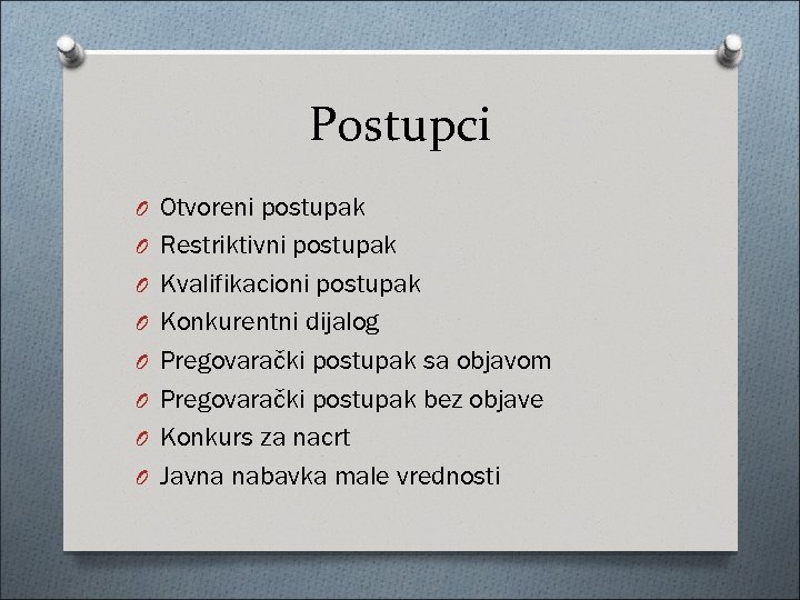 Postupci O Otvoreni postupak O Restriktivni postupak O Kvalifikacioni postupak O Konkurentni dijalog O