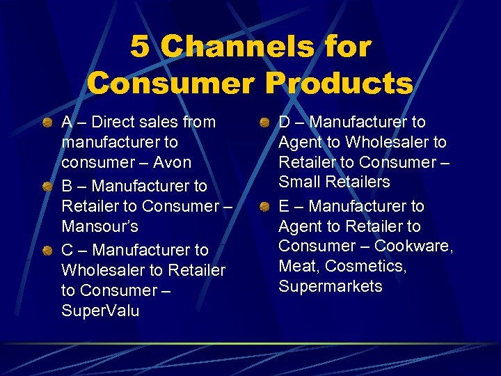 5 Channels for Consumer Products A – Direct sales from manufacturer to consumer –