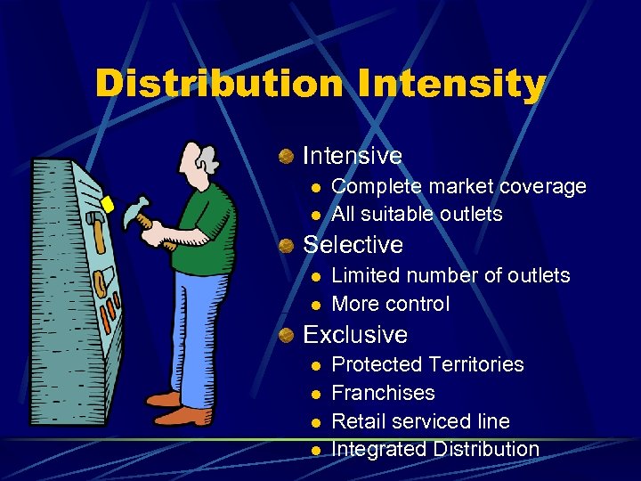 Distribution Intensity Intensive l l Complete market coverage All suitable outlets Selective l l