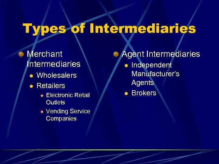 Types of Intermediaries Merchant Intermediaries l l Agent Intermediaries l Wholesalers Retailers l l