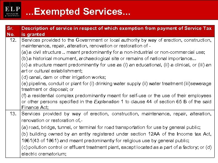 . . . Exempted Services. . . Sr. No. 12. 13. Description of service