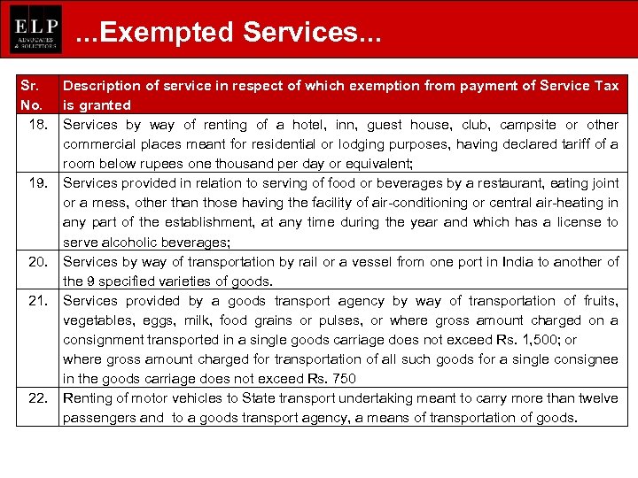 . . . Exempted Services. . . Sr. No. 18. 19. 20. 21. 22.