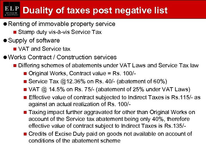 Duality of taxes post negative list l Renting of immovable property service n Stamp