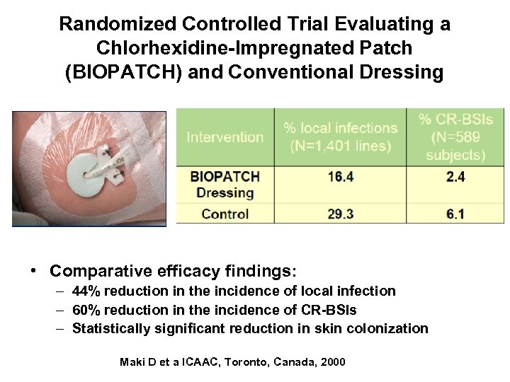 Randomized Controlled Trial Evaluating a Chlorhexidine-Impregnated Patch (BIOPATCH) and Conventional Dressing • Comparative efficacy