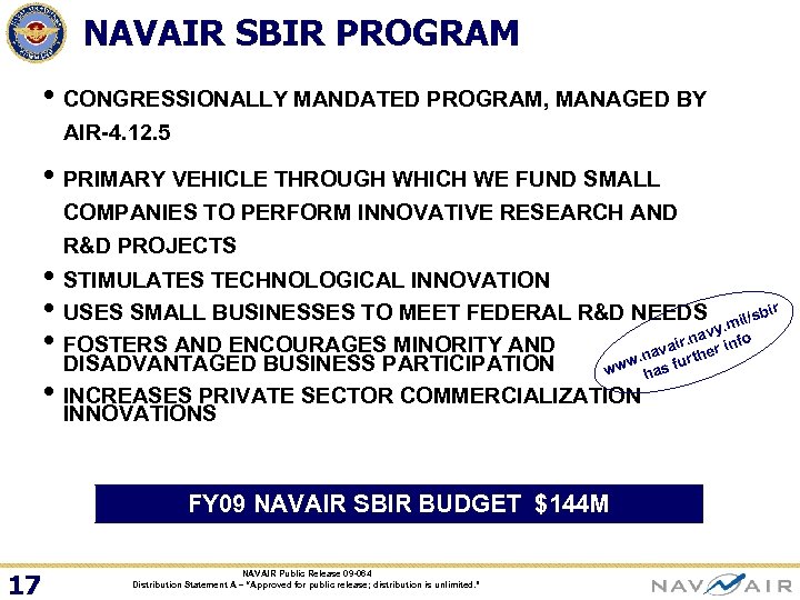 NAVAIR SBIR PROGRAM • CONGRESSIONALLY MANDATED PROGRAM, MANAGED BY AIR-4. 12. 5 • PRIMARY