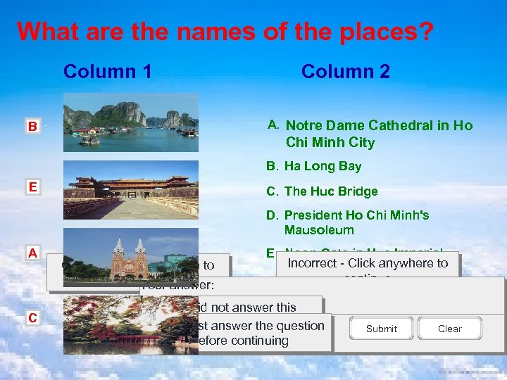 What are the names of the places? Column 1 B Column 2 A. Notre