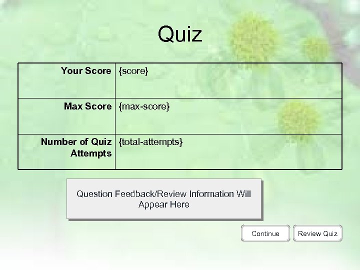 Quiz Your Score {score} Max Score {max-score} Number of Quiz {total-attempts} Attempts Question Feedback/Review