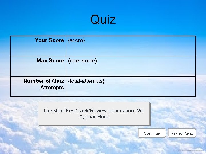 Quiz Your Score {score} Max Score {max-score} Number of Quiz {total-attempts} Attempts Question Feedback/Review