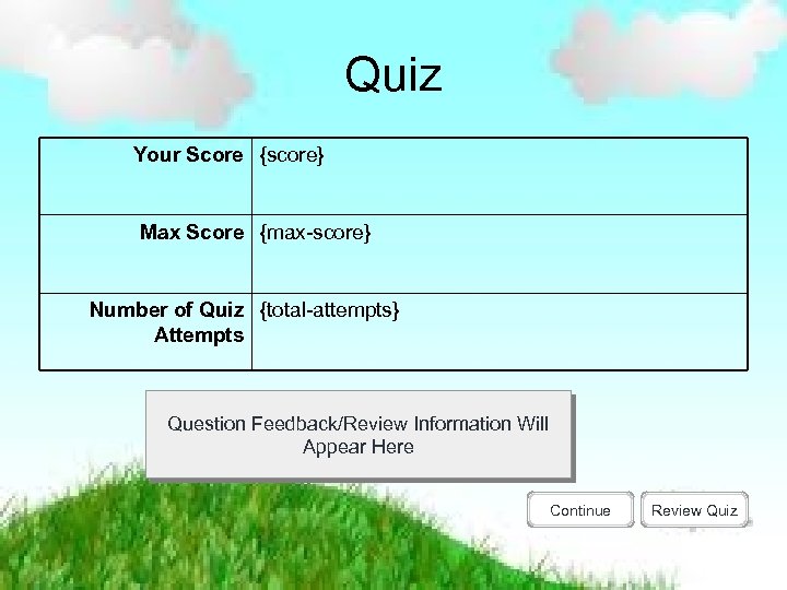 Quiz Your Score {score} Max Score {max-score} Number of Quiz {total-attempts} Attempts Question Feedback/Review