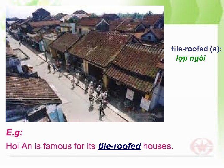 tile-roofed (a): lợp ngói E. g: Hoi An is famous for its tile-roofed houses.