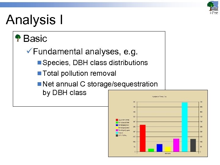 Analysis I Basic üFundamental analyses, e. g. n Species, DBH class distributions n Total