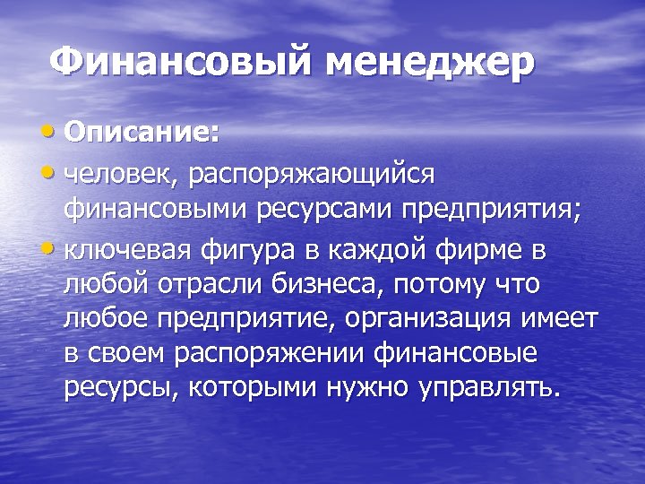 Финансовый менеджер • Описание: • человек, распоряжающийся финансовыми ресурсами предприятия; • ключевая фигура в