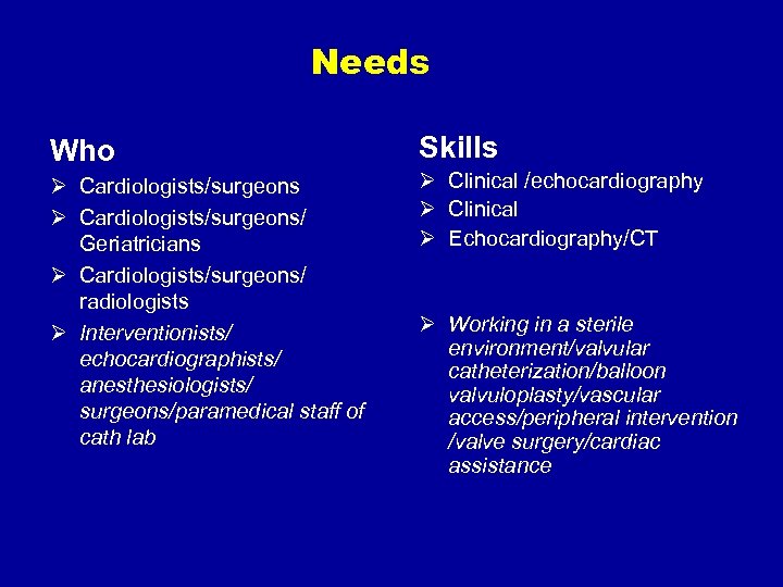 Needs Who Skills Ø Cardiologists/surgeons/ Geriatricians Ø Cardiologists/surgeons/ radiologists Ø Interventionists/ echocardiographists/ anesthesiologists/ surgeons/paramedical