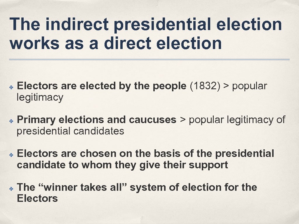 The indirect presidential election works as a direct election ✤ ✤ Electors are elected