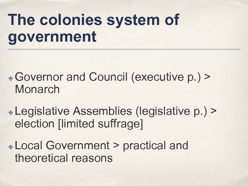 The colonies system of government ✤ ✤ ✤ Governor and Council (executive p. )