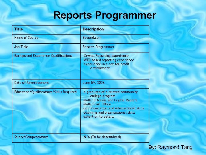 Reports Programmer Title Description Name of Source Beyond. com Job Title Reports Programmer Background