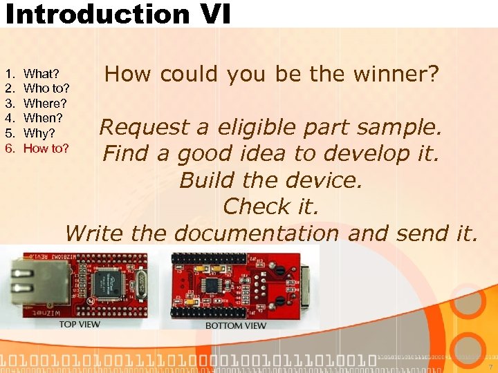 Introduction VI 1. 2. 3. 4. 5. 6. What? Who to? Where? When? Why?
