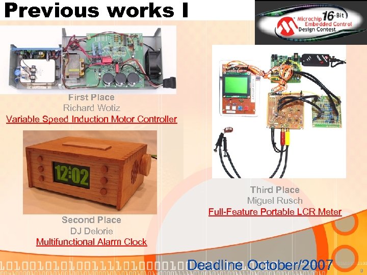 Previous works I First Place Richard Wotiz Variable Speed Induction Motor Controller Second Place