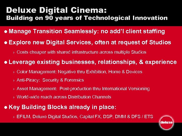 Deluxe Digital Cinema: Building on 90 years of Technological Innovation l Manage Transition Seamlessly: