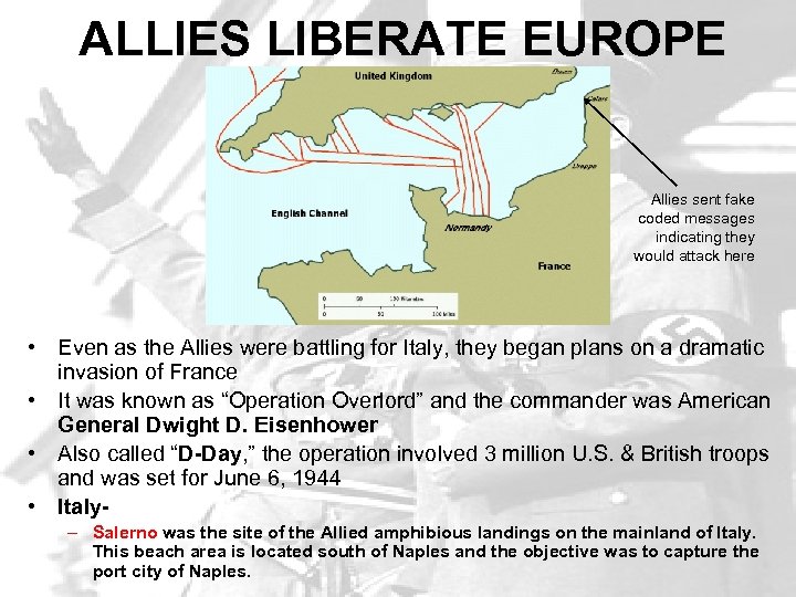 ALLIES LIBERATE EUROPE Allies sent fake coded messages indicating they would attack here •