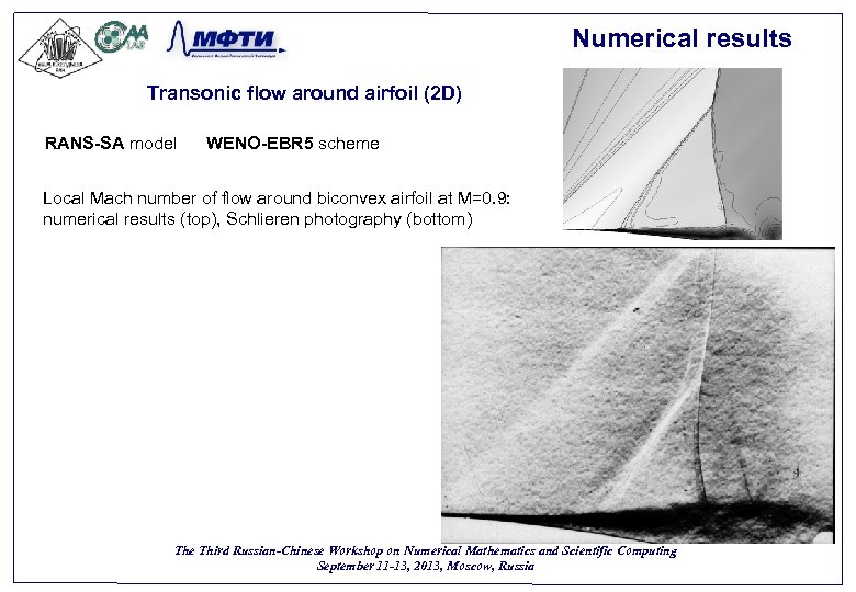 Numerical results Transonic flow around airfoil (2 D) RANS-SA model WENO-EBR 5 scheme Local
