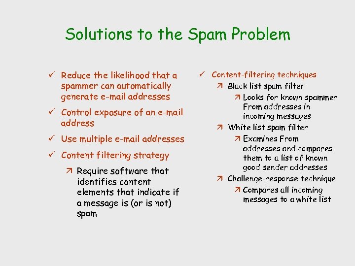 Solutions to the Spam Problem ü Reduce the likelihood that a spammer can automatically