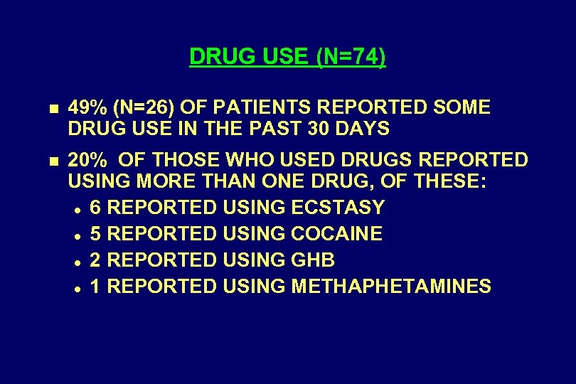 DRUG USE (N=74) n 49% (N=26) OF PATIENTS REPORTED SOME DRUG USE IN THE