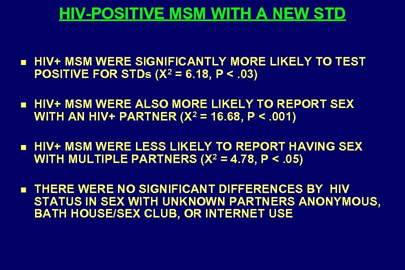 HIV-POSITIVE MSM WITH A NEW STD n HIV+ MSM WERE SIGNIFICANTLY MORE LIKELY TO
