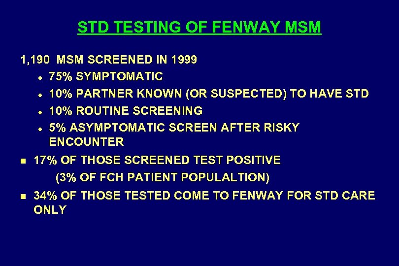 STD TESTING OF FENWAY MSM 1, 190 MSM SCREENED IN 1999 l 75% SYMPTOMATIC